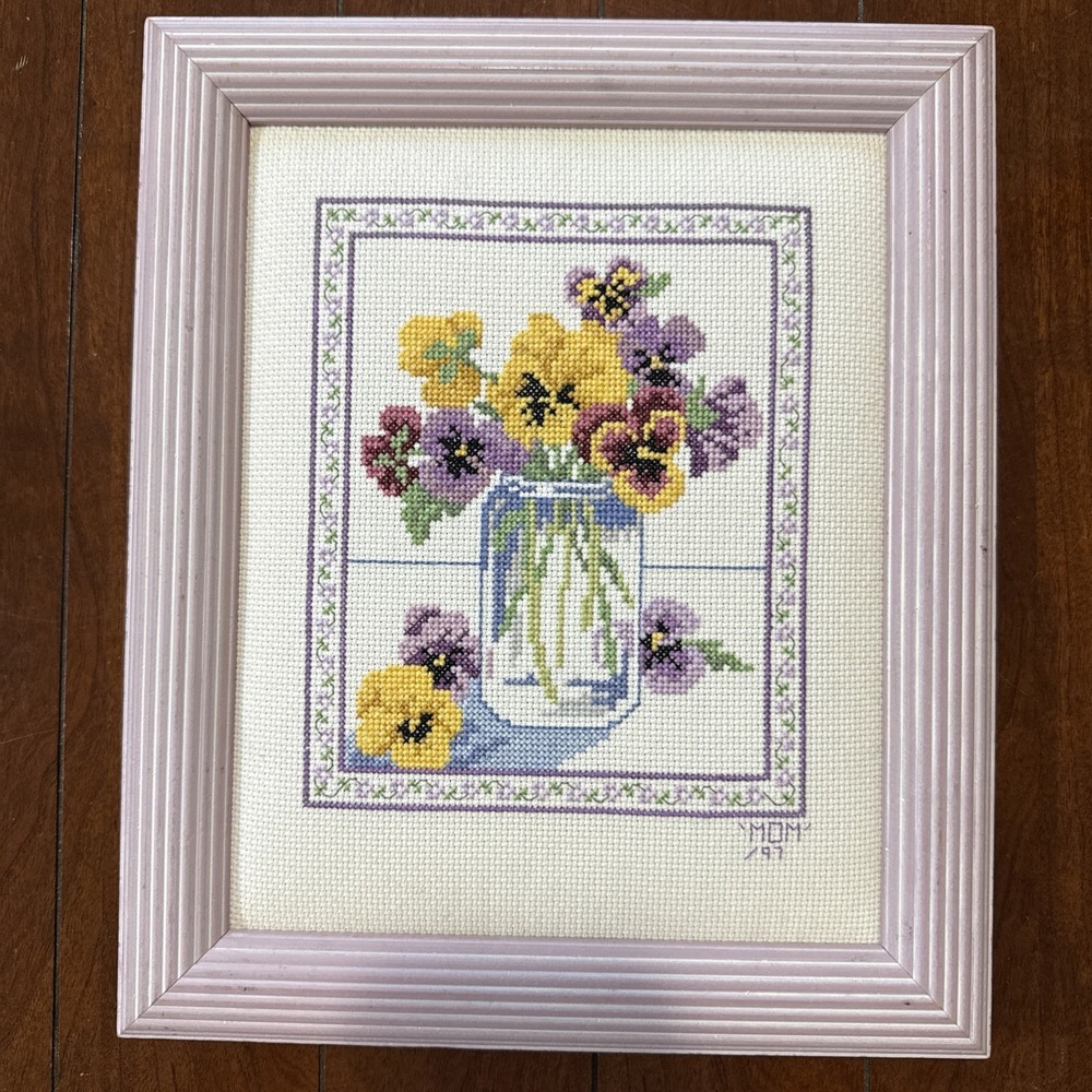Vintage Cross Stitch Pansy Flower In Pitcher Framed 12"x10" Approximate
